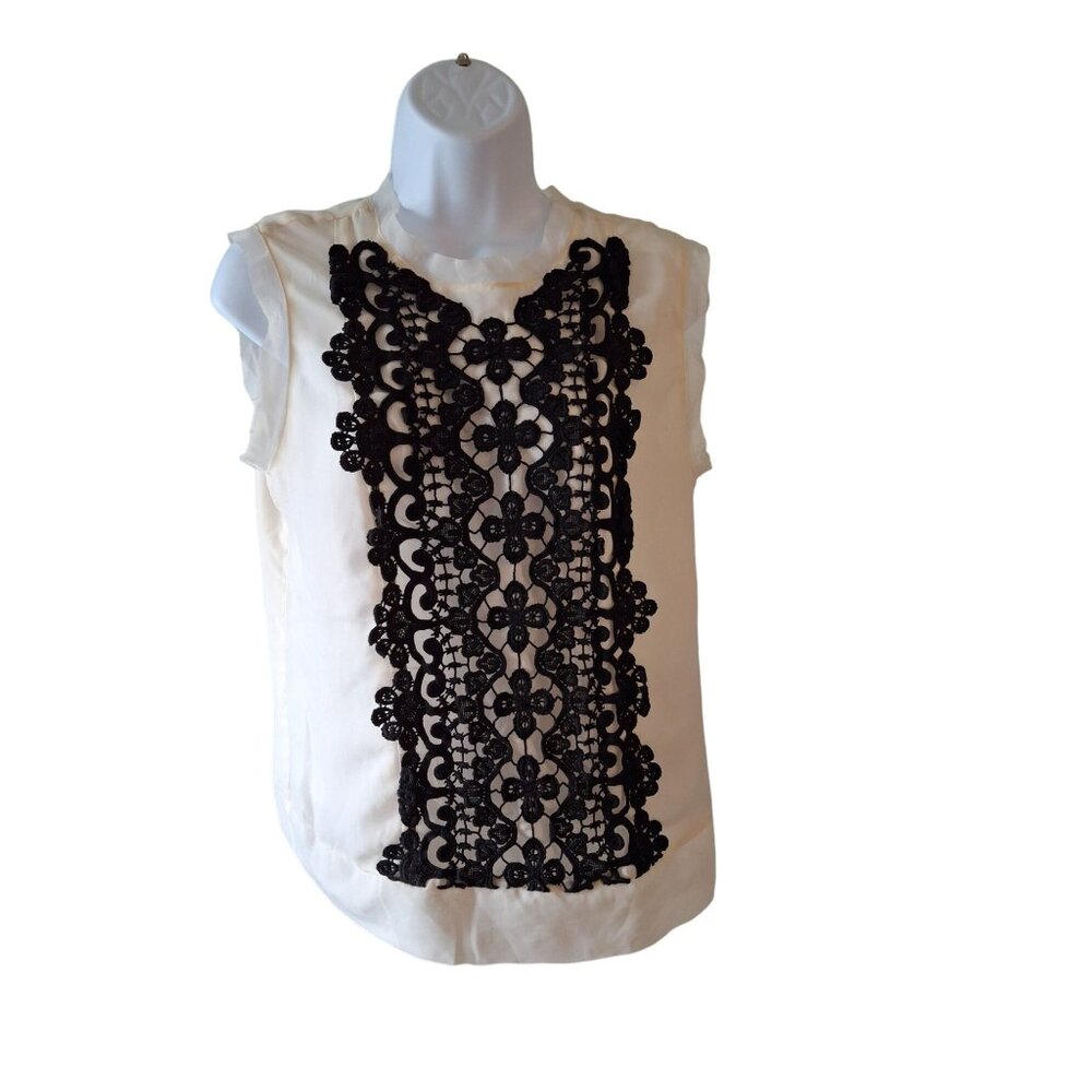 ABS Platinum Womens Sleeveless Blouse M Ivory Black Floral Lace Overlay Goth